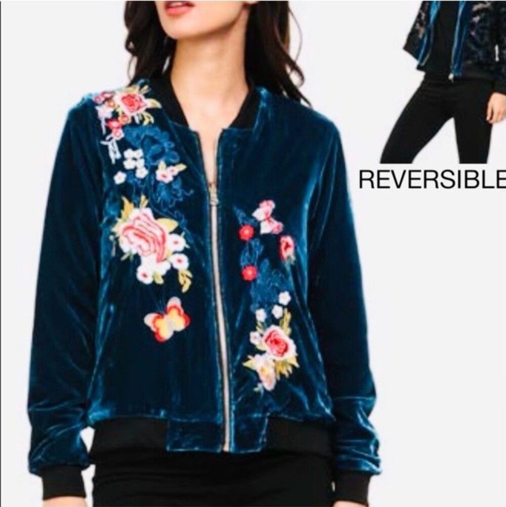 Adore Velvet Reversible Full Zip Jacket Floral Embroidered Blue Woman’s Size M/L